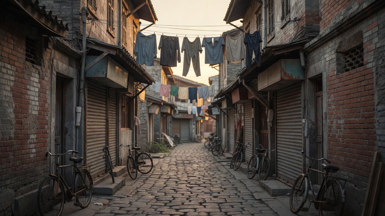 拆迁前的旧城区巷口实景，晾衣绳、卷帘门与旧自行车，黄昏暖光，无人物特写