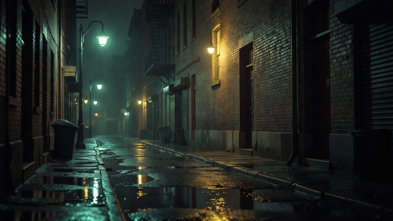 啊啊好大好爽剧照风格的雨夜街巷，暖黄窗光与冷青路灯形成对比，地面湿润反光